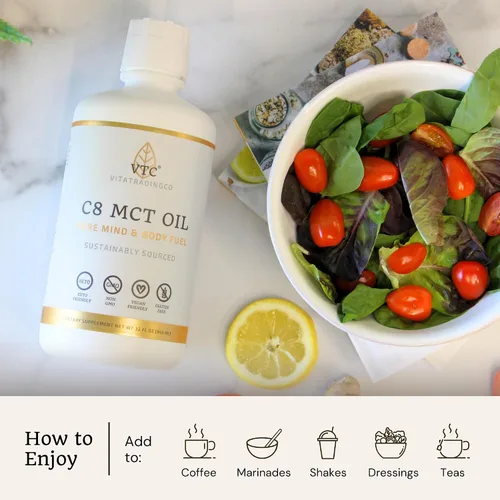 Miniatura 6 de VTC VitaTradingCo. Aceite C8 MCT 100% puro Ácido caprílico destilado 3X Grasa saludable para energía limpia De origen sostenible Sin OMG