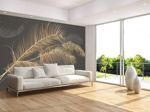 Miniatura 3 de MFWFM - Papel tapiz de plumas negro y dorado, enorme mural de hoja de plátano para dormitorio, sala de estar, fondo de TV (no se pega ni se despega)