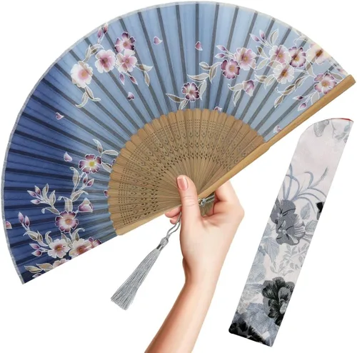 Miniatura 13 de OMyTea, abanico desplegable con motivo de flores de yuyos (8.27 pulgadas - 21 centímetros) con funda de tela para protección, estilo chino/japonés