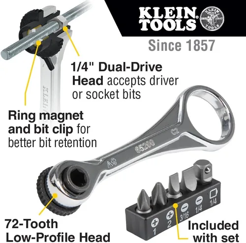 Miniatura 2 de KLEIN TOOLS 65200 Juego de trinquete, juego de mini trinquete de 5 piezas con Phillips, ranuradas y adaptador para otros tamaños de casquillo