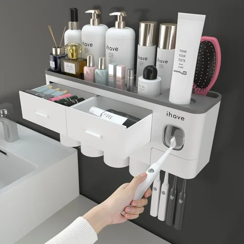 Miniatura 6 de iHave Portacepillos de dientes para baños, 3 tazas, soporte para cepillos de dientes montado en la pared con dispensador de pasta de dientes, Negro