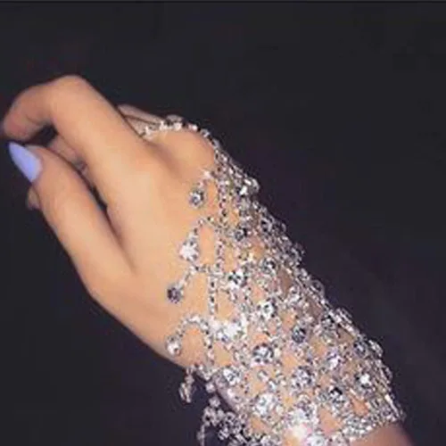 Miniatura 2 de Jumwrit Pulsera de anillo de dedo para mujer, con diamantes de imitación, con anillo, pulsera esclava, arnés de mano para niñas