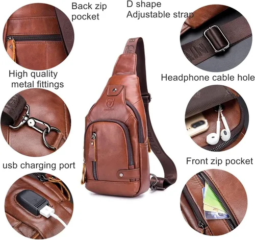 Miniatura 4 de BULLCAPTAIN Bolso bandolera de cuero para hombre, bolsa cruzada de viaje, mochila de senderismo con puerto de carga USB, varios bolsillos