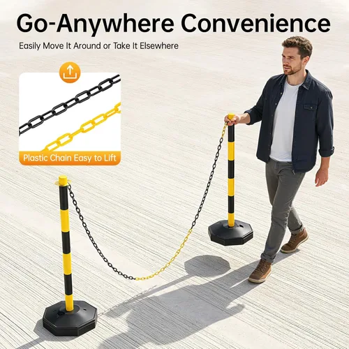 Miniatura 7 de 6 piezas de conos de tráfico con base rellenable de polietileno amarillo, poste de estacionamiento portátil con cadenas de 6.6 pulgadas, conos