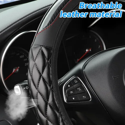 Miniatura 3 de Funda de fibra de carbono para volante de automóvil, de cuero transpirable, antideslizante, protector de volante de vehículo de 14.5 a 15 pulgadas
