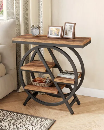 Miniatura 4 de Mesa auxiliar, mesa lateral estrecha con espacio de almacenamiento grande de 4 niveles, mesita de noche moderna para sala de estar, oficina en casa