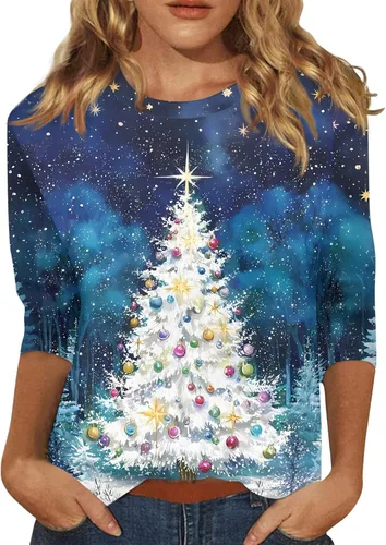 Miniatura 134 de Camisetas de manga 3/4 para mujer, cuello redondo, holgadas, casuales, con estampado floral, camisetas de moda para el trabajo de negocios