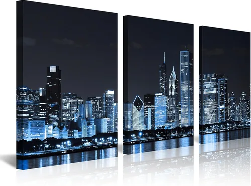 Miniatura 36 de NAN Wind Detroit Skyline - Lienzo decorativo para pared, paisaje urbano, escena nocturna, impresión artística de ciudad en blanco y negro sobre