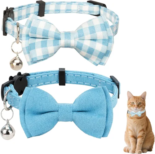 Miniatura 13 de Collar de gato con campana para niño y niña, pajarita de seguridad, a cuadros, color sólido, conjunto de regalo, lindo festivo, [2 piezas], verde