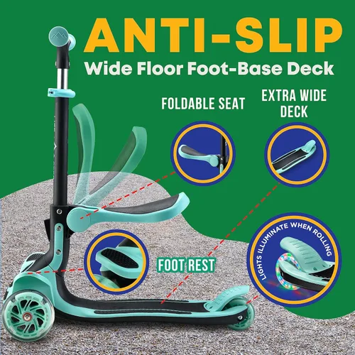 Miniatura 4 de Scooter de 3 ruedas para niños con asiento plegable, altura ajustable del manubrio, juguete de paseo inclinado para conducir para niños a partir