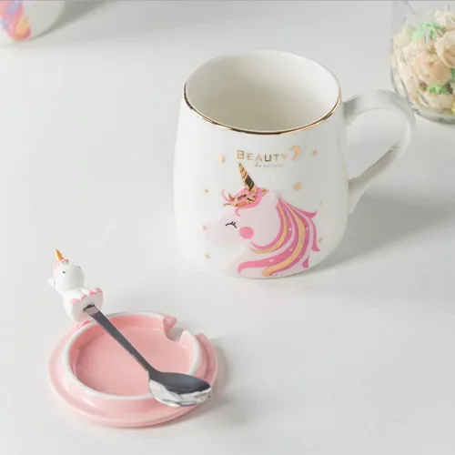 Miniatura 3 de Taza de unicornio BigNoseDeer, linda taza de café de cerámica con adorable cuchara de unicornio, taza novedosa para la mañana para café, té, leche