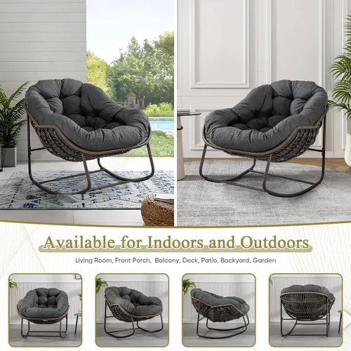 Miniatura 3 de Antetek Silla mecedora para patio al aire libre, cómoda silla de mimbre con cojín acolchado, mecedora de gran tamaño para interiores y exteriores