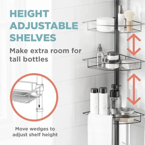 Miniatura 4 de Zenna Home Organizador de esquina con poste de tensión, organizador de ducha ajustable con 4 cestas, organizador de barra de tensión de baño Negro