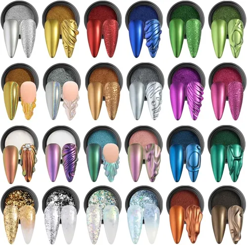 Miniatura 25 de Polvo de uñas cromado, efecto espejo, polvo metálico, 6 colores, bronce, marrón, negro, oro rosa, holográfico, purpurina cromada, pigmento en polvo