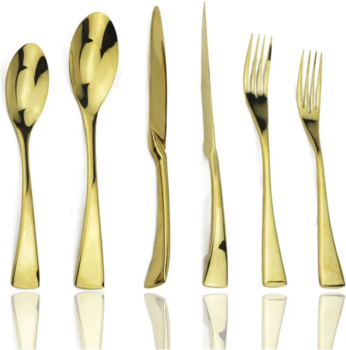 JASHII Juego de cubiertos dorados de 24 piezas, juego de vajilla de acero inoxidable 18/10 para 4, incluye cuchillo, tenedor/cuchara, pulido con Oro