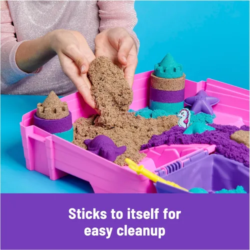 Miniatura 5 de Kinetic Sand, Juego de palacio de sirena con caja de arena plegable de 0,93 kg de arena de juego (morado neón, verde azulado brillante y playa)