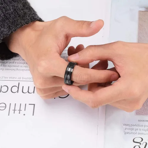 Miniatura 5 de King Will - Anillo de bodas clásico de carburo de tungsteno para hombre, en color negro, plata, oro, azul, marrón, rojo y púrpura, centro acanalado