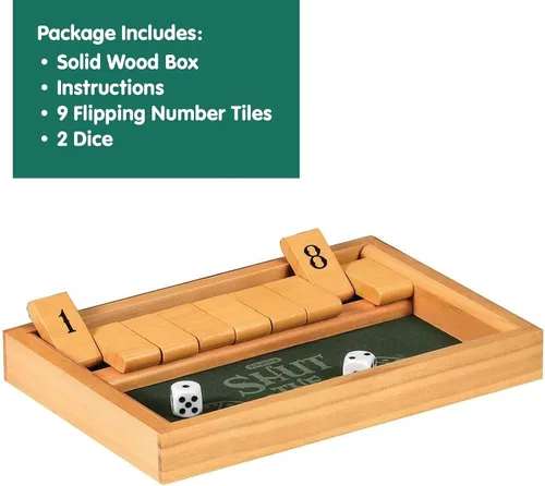 Miniatura 2 de Schylling Shut the Box - Juego familiar de estrategia y azar - Incluye caja de juego de madera coleccionable, fondo de fieltro, dados redondeados e