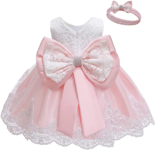 LZH - Vestido para niñas bebé con volante, encaje, espalda descubierta y lazo - Incluye accesorio para la cabeza - Vestido con flores para desfile,