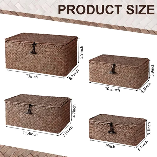 Miniatura 2 de Woanger Juego de 4 cestas de mimbre con tapas, cestas de almacenamiento de hierba marina nátral, cestas rectangulares tejidas, organizador de Café