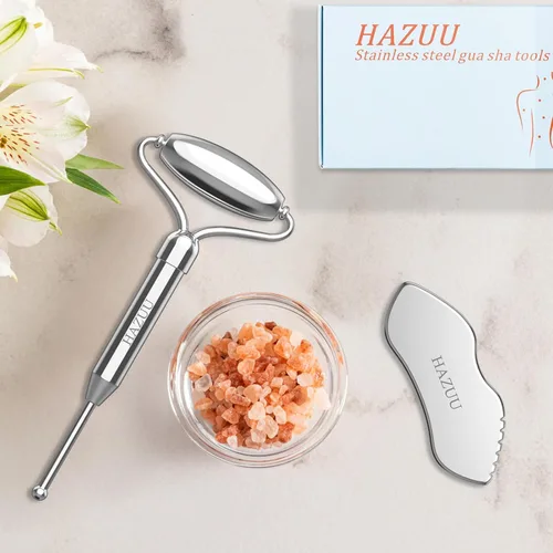 Miniatura 7 de Rodillos faciales Gua Sha de acero inoxidable y pluma de acupuntura - Rodillo de metal para ojos y cuello, herramientas de masaje facial Jgs-2