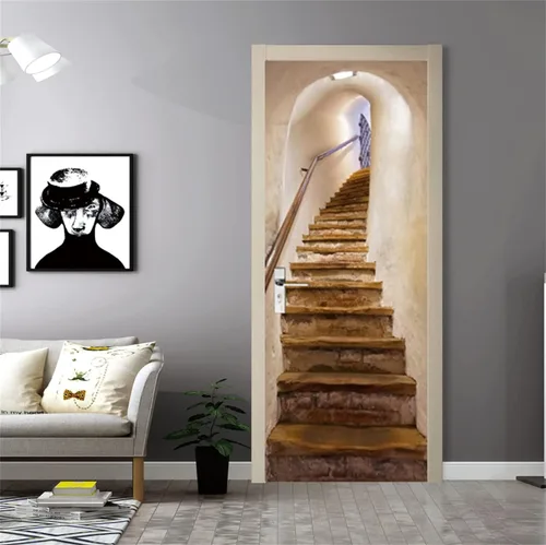 Miniatura 3 de artfanke Adhesivos 3D para puerta, 30.3 x 78.7 pulgadas, papel tapiz de piedra para puerta de escalera de piedra, calcomanías autoadhesivas