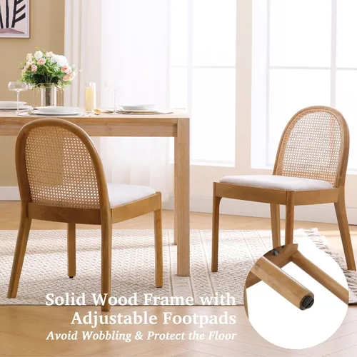 Miniatura 4 de LukeAlon Juego de 2 sillas de comedor de lino, sillas laterales de caña tejida natural con patas de madera maciza, sillas de comedor de mediados