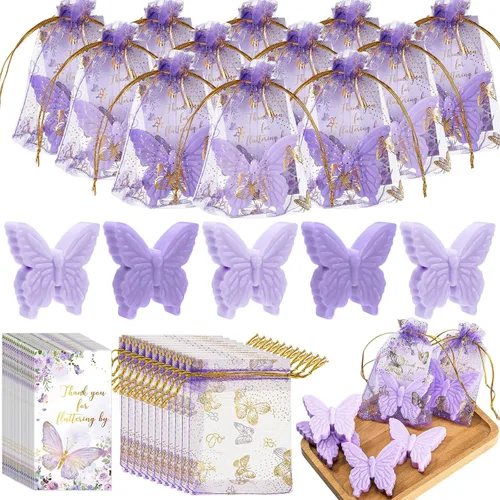 Miniatura 7 de Dunzy Juego de 50 recuerdos de fiesta de bienvenida de bebé con temática de mariposa para invitados, regalos de jabón de mariposa con tarjeta