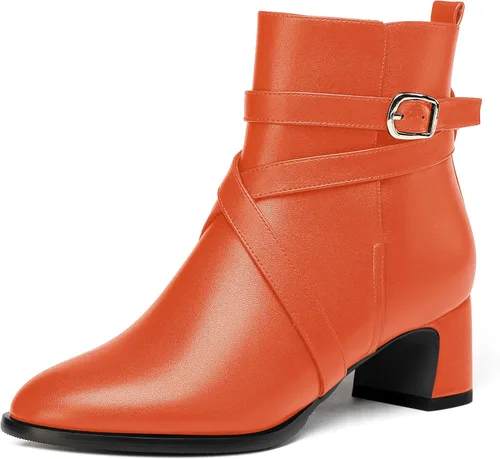 Miniatura 9 de WAYDERNS Botas altas de tobillo con hebilla casual para mujer, con correa de tobillo sólida mate, tacón bajo y grueso, 2 pulgadas