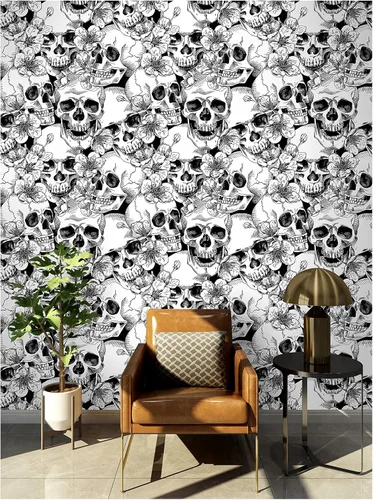 Miniatura 8 de HAOKHOME Papel tapiz gótico para despegar y pegar, diseño floral de calavera de azúcar para dormitorio, decoración de pared extraíble negro/blanco