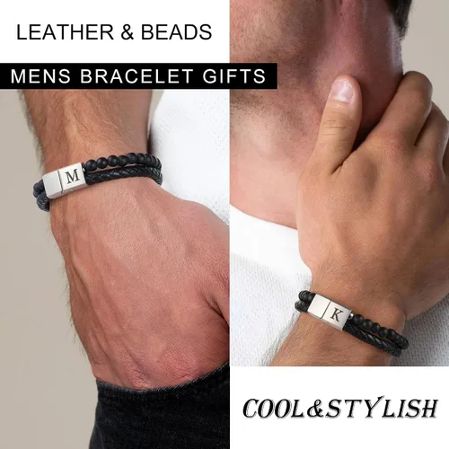 Miniatura 2 de LUXEJEW Regalo Navidad para hombre, brazalete de cuero con cuentas, con letra inicial nombre, 15/64 de pulgada, ágata mate, hecho a mano, ajustable