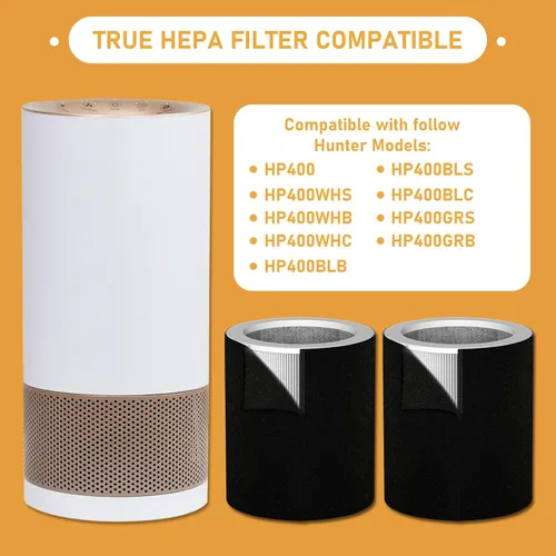 Miniatura 4 de H-PF400 Kit de repuesto de filtro HEPA compatible con purificador de aire de torre cilíndrica H-HF400-VP H-PF400 Hunter HP400, 2 filtros HEPA + 8