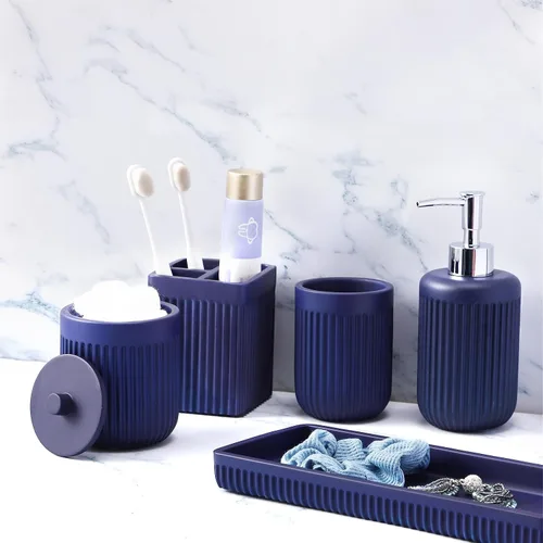 Miniatura 11 de XLHOMO Juego de accesorios de baño de resina beige de 5 piezas, dispensador de jabón y loción, soporte para cepillo de dientes, vaso de baño, porta