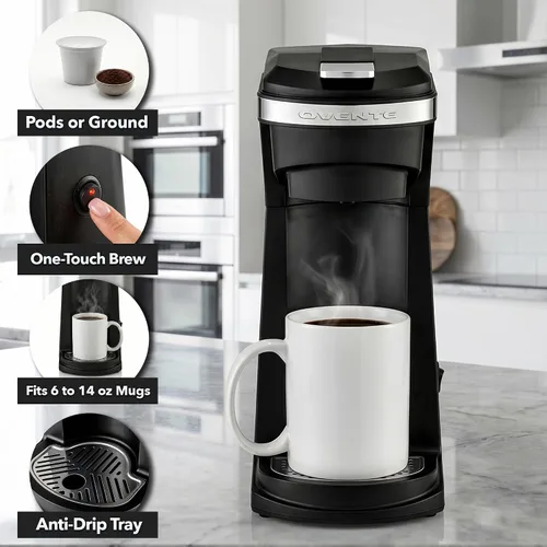 Miniatura 2 de OVENTE Cafetera de una sola porción de 14 onzas para K Cups y café molido, cafetera de preparación de un solo toque, diseño compacto, filtro