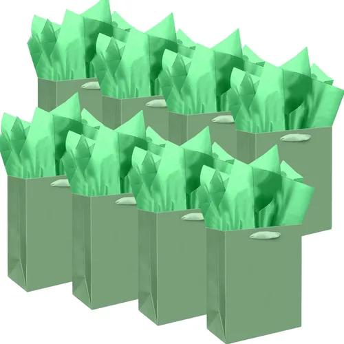 Miniatura 22 de qiqee 10 mini bolsas de regalo color verde frijol con asas de papel de seda de 6.3 x 4.7 x 2.4 pulgadas, tamaño pequeño para regalos de fiesta