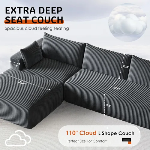 Miniatura 7 de 108" Cloud Couch Modular Sectional Sofa for Living Room, L Shaped Boneless Couch with Deep Seat Chaise, No Assembly Required Foam Sleeper Sofa for
