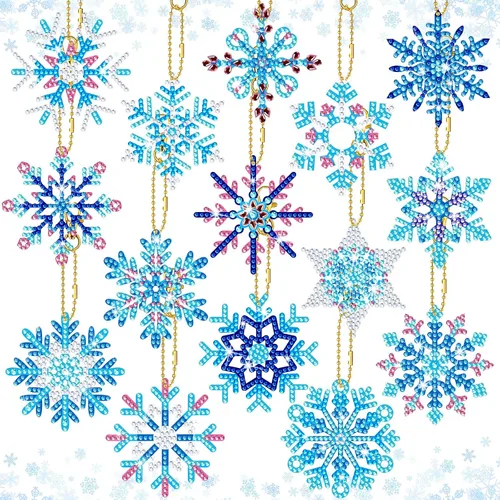 BBTO 15 piezas de llavero de pintura de diamante de invierno con copos de nieve, adornos de pintura de diamante 5D DIY llavero de pintura de