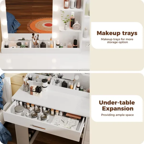 Miniatura 7 de Escritorio de maquillaje de 37 pulgadas con espejo y luces, mesa de tocador de maquillaje con 5 cajones, armario de almacenamiento grande y 4