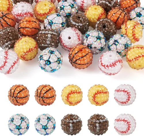 30 cuentas redondas de diamantes de imitación de 0.78 pulgadas (0.787 in) con temática deportiva, baloncesto, fútbol, béisbol, chicle grueso, Pelota