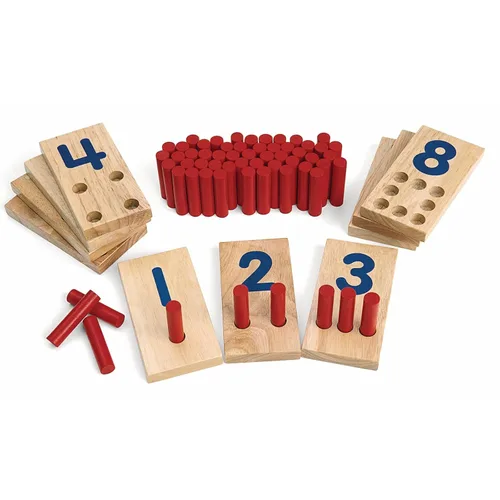 Excellerations Tablero de números de clavija, incluye: 10 tablas de madera de goma + 55 clavijas de madera + bolsa de almacenamiento, materiales