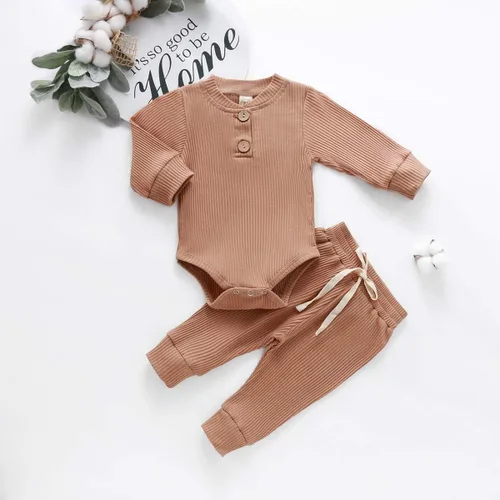 Miniatura 3 de Ropa de punto acanalado de algodón para bebés, niñas y niños, recién nacidos enterizo de manga larga, pantalones largos unicolor, atuendos de otoño