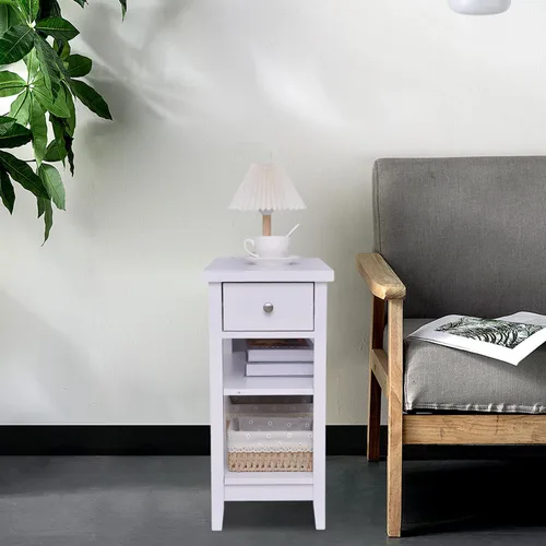 Miniatura 6 de Mesa auxiliar con cajón y estantes dobles, mesa auxiliar para sofá, mesita de noche para espacios pequeños, sala de estar, dormitorio, oficina Blanco
