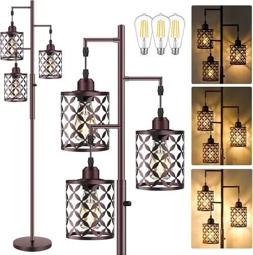 Miniatura 9 de Lámpara de pie regulable, lámpara de pie de granja con elegante jaula de metal, lámparas de pie industriales de árbol alto para sala de estar, Negro