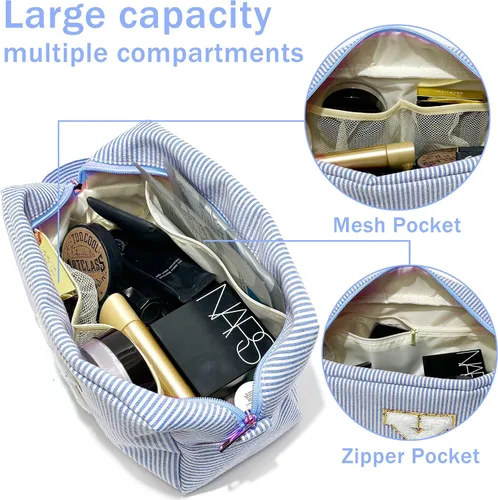 Miniatura 3 de Veki Bolsa de maquillaje Preppy para mujer, bolsas de cosméticos personalizadas con letra inicial con cremallera, bolsa pequeña de felpilla