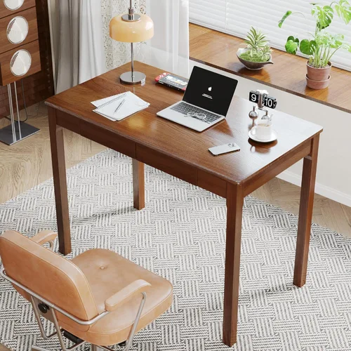 Miniatura 4 de Escritorio de madera maciza con cajones, escritorios estrechos simples de 24 x 16 pulgadas, mesa de estudio de madera de goma, escritorio pequeño