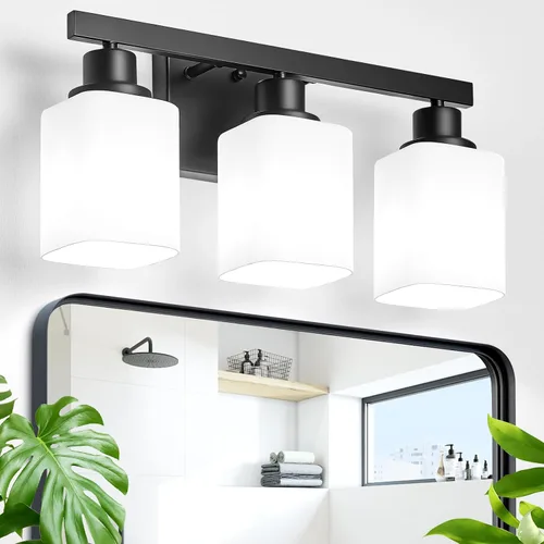 Miniatura 11 de Juego de 2 apliques de pared para baño, lámpara de tocador de baño negra, apliques de pared modernos para interiores con vidrio esmerilado cuadrado