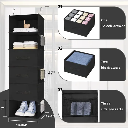 Miniatura 5 de Organizador colgante de armario de 6 estantes con cajones, almacenamiento de ropa plegable, portátil, estantes colgantes para ropa y zapatos, 47 x