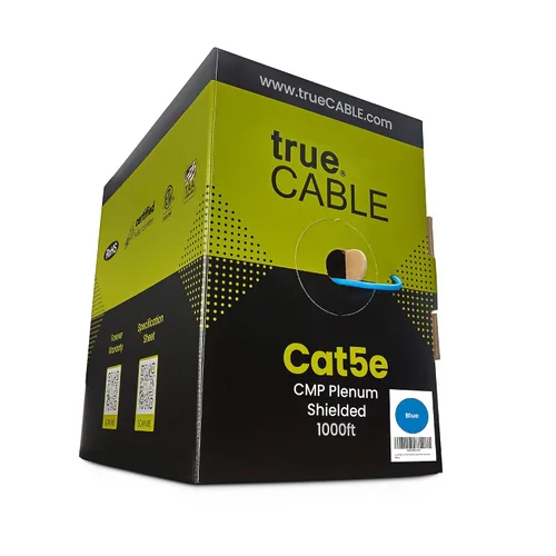 trueCABLE - Elevador blindado Cat5e (CMR), 1000 pies, azul, 24 AWG cobre sólido desnudo, 350 MHz, PoE++ (4PPoE), listado ETL, escudo general de
