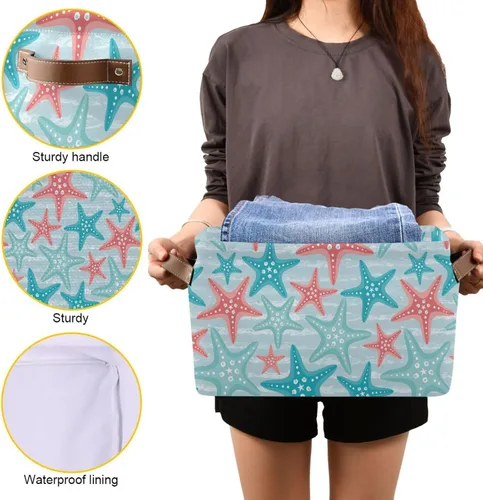 Miniatura 7 de Bolaz Cesta de almacenamiento grande con diseño náutico de estrella de mar plegable con asas para dormitorio, oficina en casa