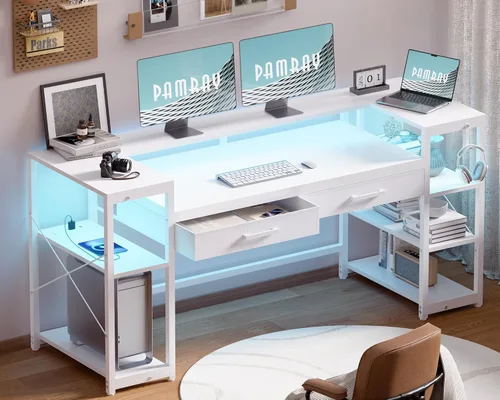 Pamray Escritorio para computadora de 58 pulgadas con soporte para monitor y estantes, escritorio para juegos con luces LED y tomas de corriente,